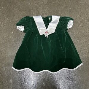 Little Precious Green Velvet Holiday Dress White Lace Trim Childrens Outfit